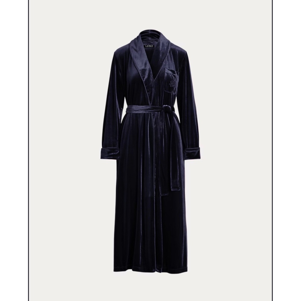 Lauren Ralph Lauren Velvet Robe M Navy Blue Long Shawl Collar Embroidered